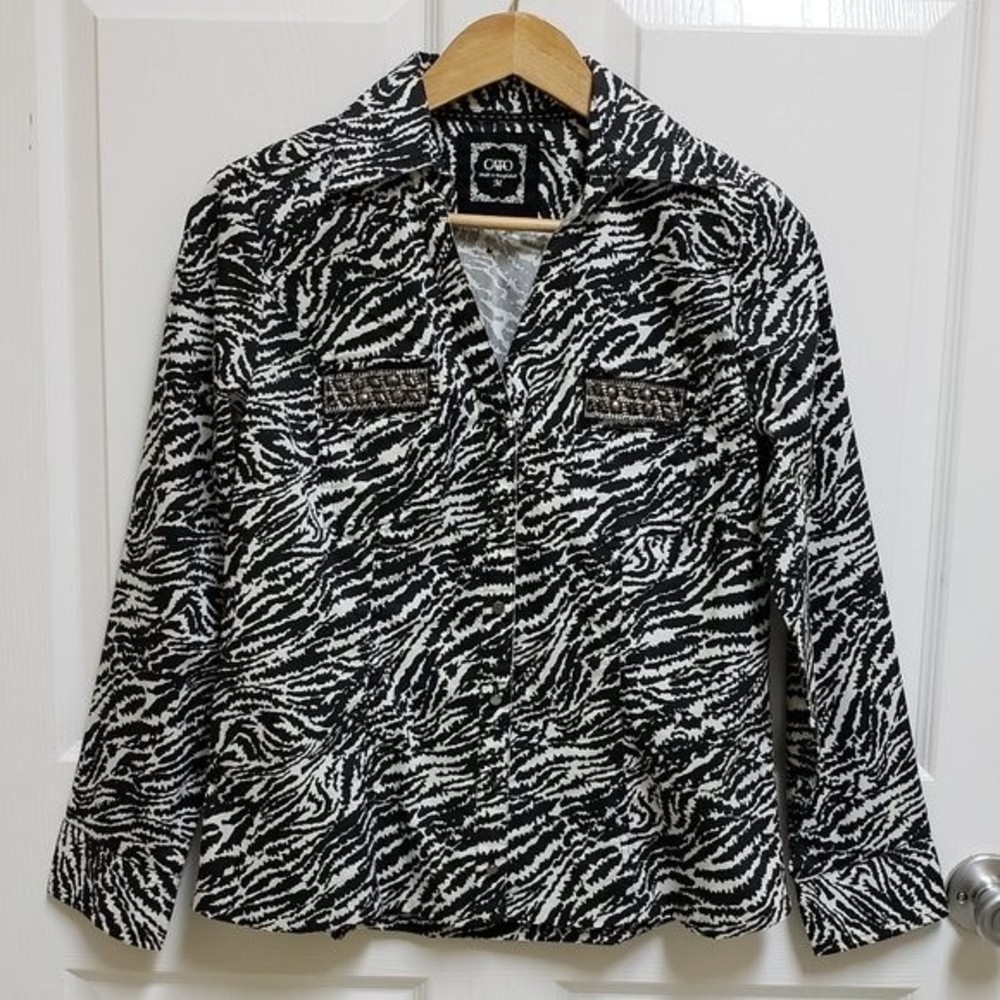 Cato Blouse Womens M Black White Animal Print Button Rhinestone Pockets Long Slv